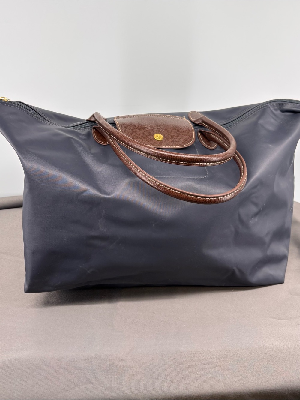 Longchamp Le Pliage Nylon Leather Tote Bag Blue - Preowned